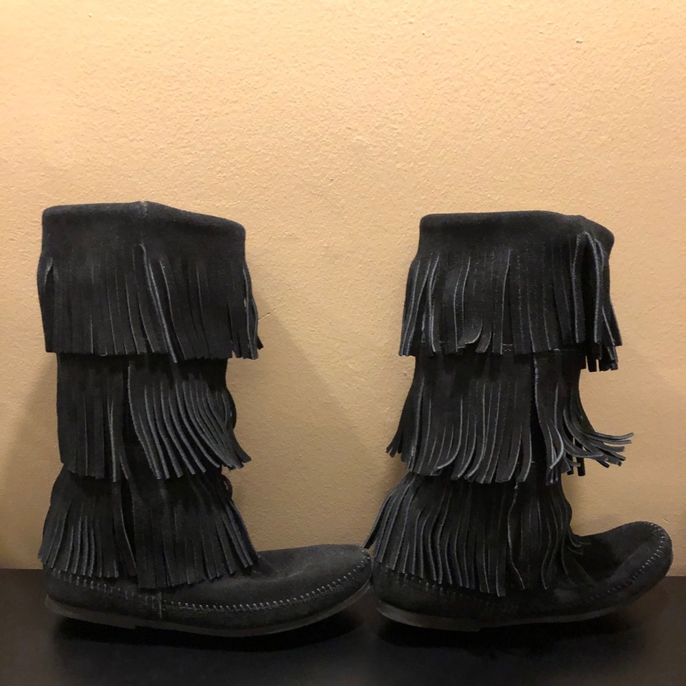 Minnetonka Black Suede Fringe Ankle Boots